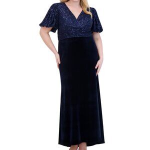 Eliza J Plus Size V-Neck Sequin & Velvet Gown – Navy – NWT – Size 14W